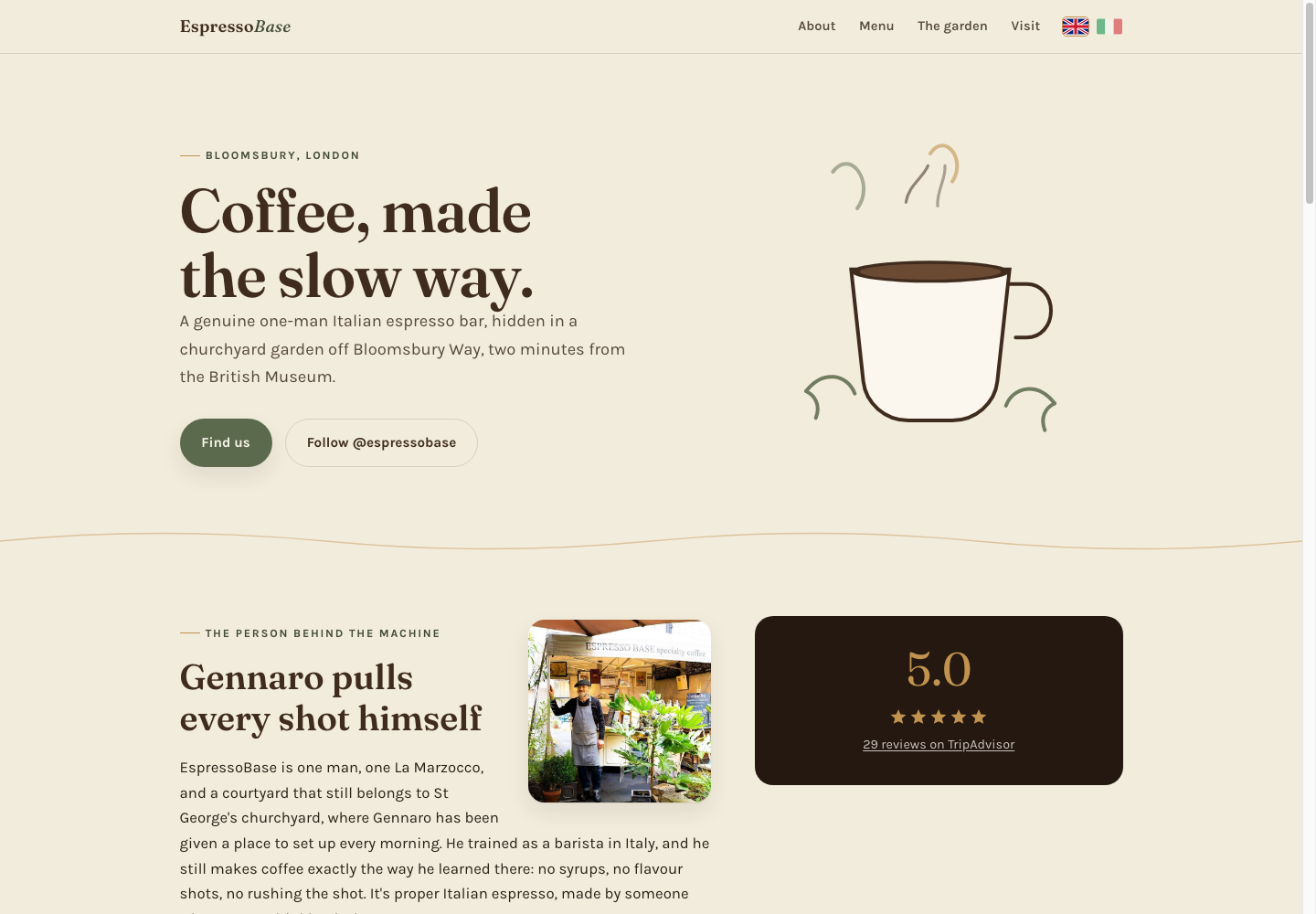 EspressoBase Bloomsbury Italian espresso bar website preview